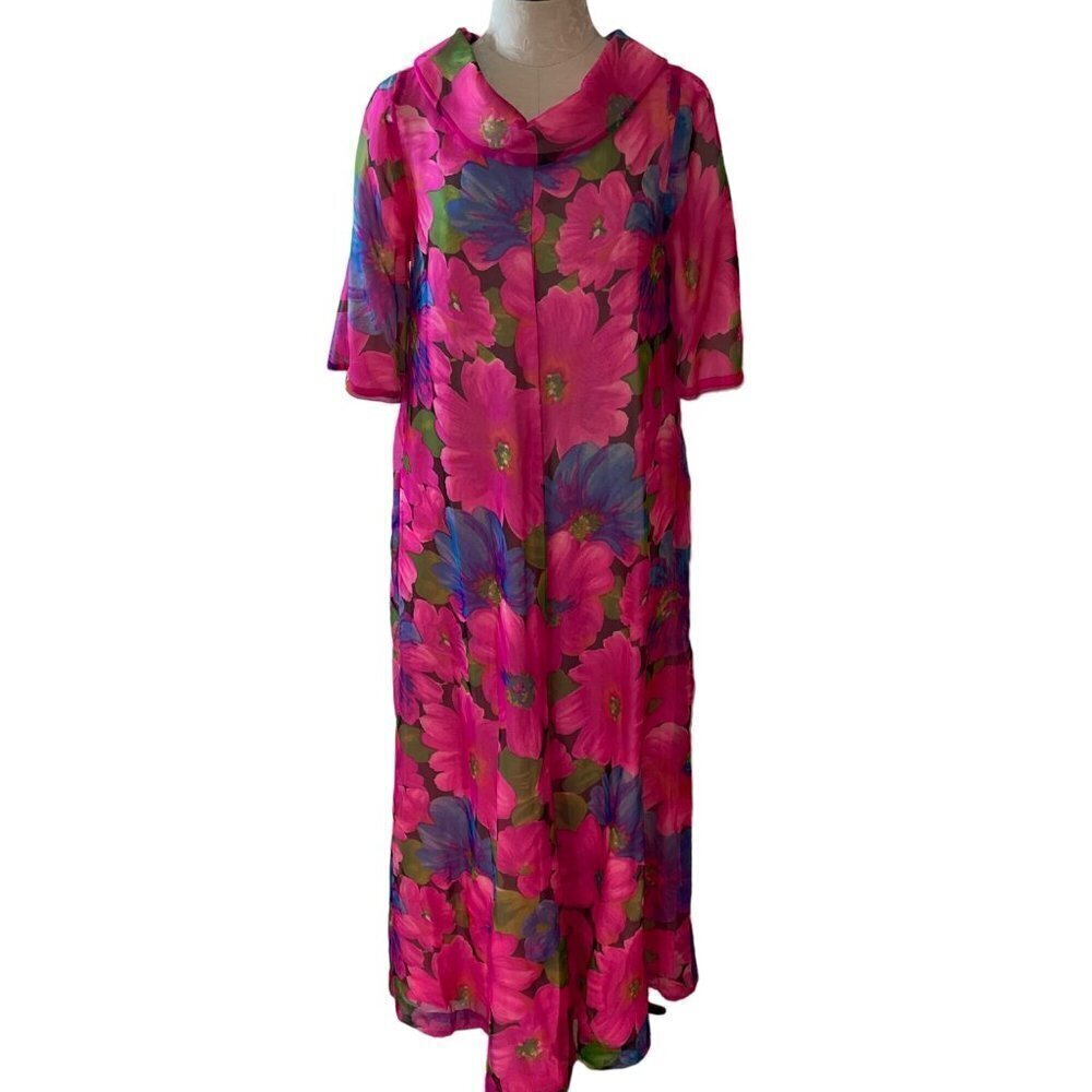 Riviera Robes Vintage 70s Womens Dress Size Small Pink Floral Long Maxi
